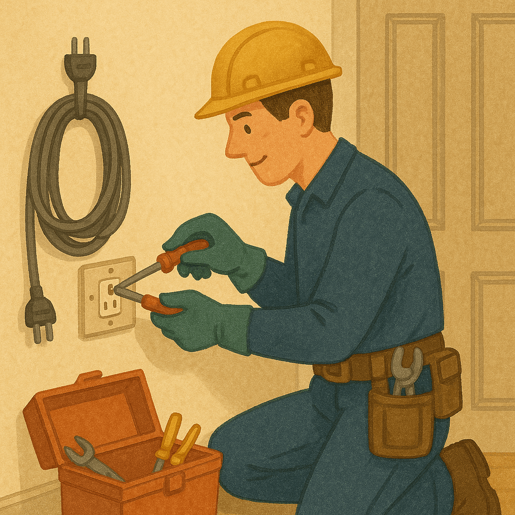 illustration of electrician fixing wall socket with tools and safety gear