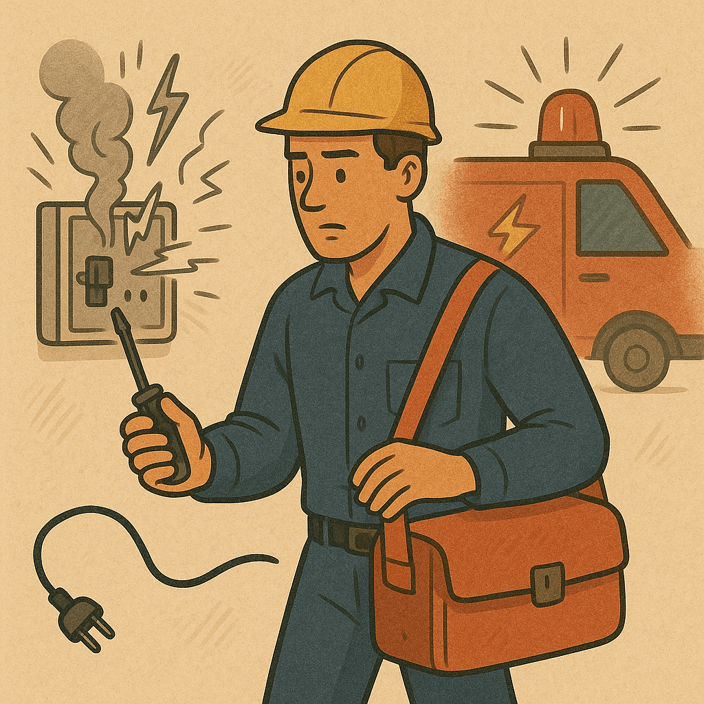 Illustration of an electrician responding to a faulty electrical socket with visible sparks and smoke