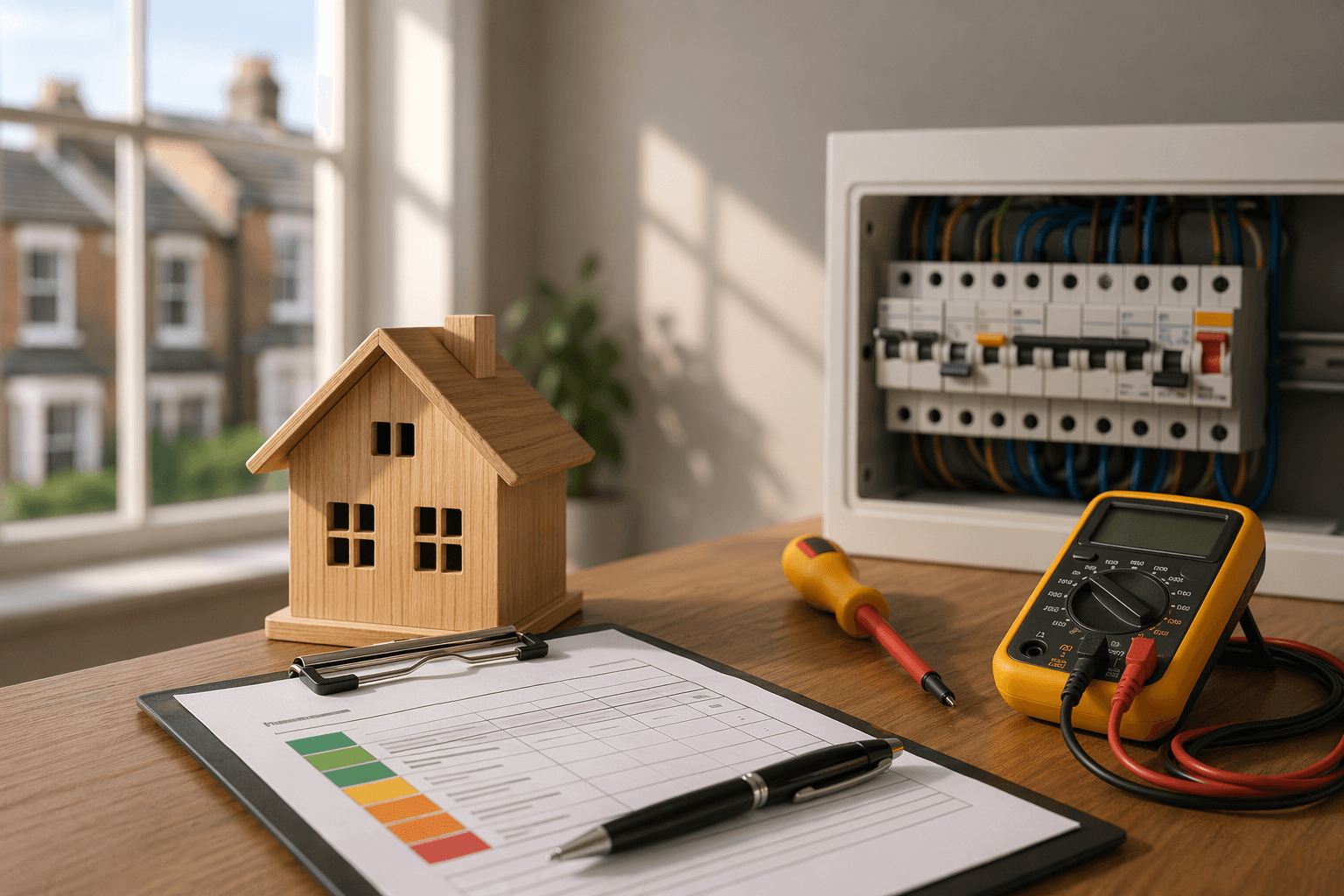 Electrical inspection setup with consumer unit, multimeter, and energy rating checklist beside a model house in a bright home interior