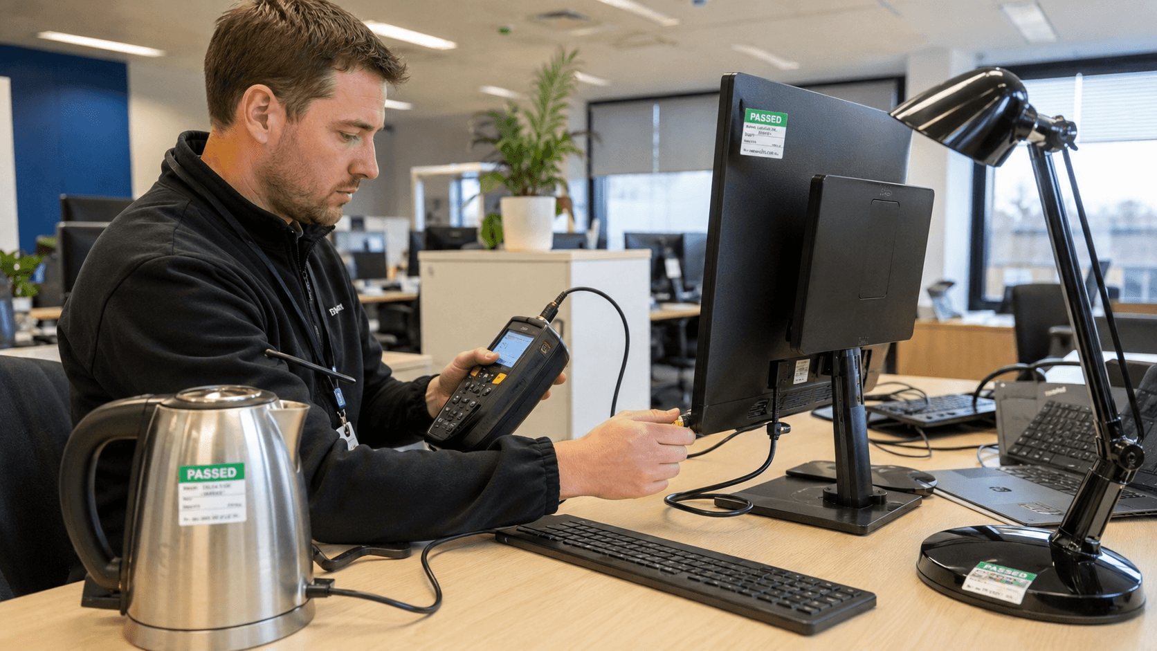 PAT testing engineer checking office equipment with electrical safety labels