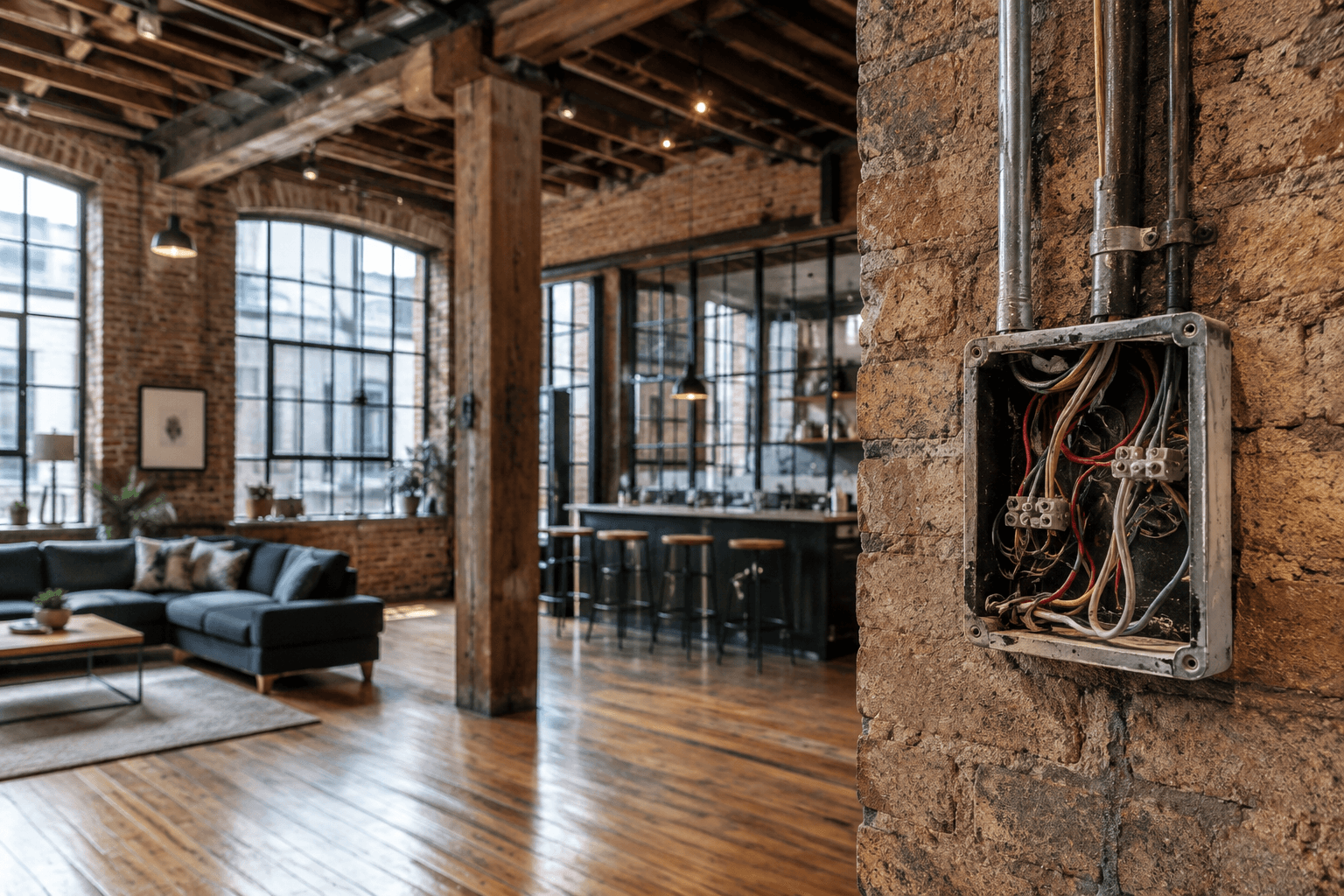 Exposed electrical wiring in industrial loft apartment