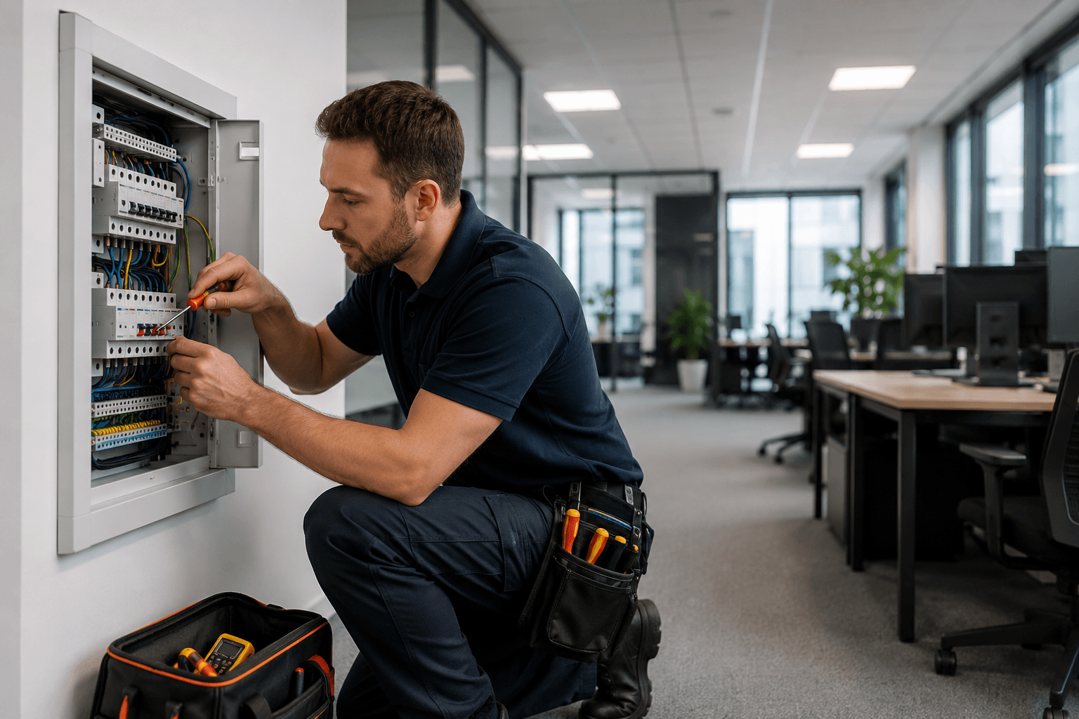 Electrician repairing electrical panel in modern office