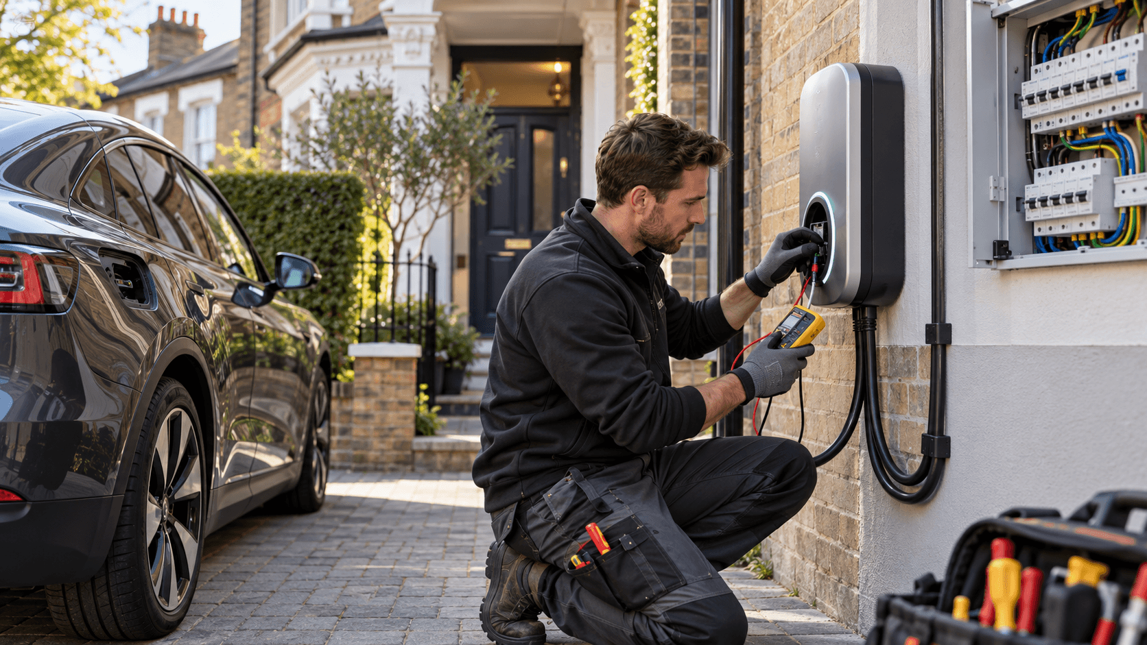 Electrician testing a home EV charger installation beside an electric car in London